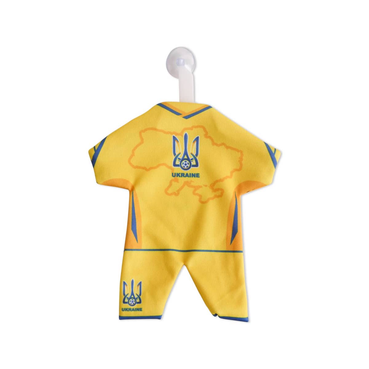 Miniature yellow sports jersey with blue stripes, featuring the Ukrainian coat of arms and a map outline on the back. The word Ukraine is printed below the map. The jersey is displayed on a small white hanger.