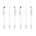 Six white pens with metallic tips are aligned vertically. The pens have colored tops: two with purple and four with blue. Each pen has a curved clip on the side. The background is plain white.