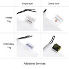 Comparison chart showing single and double-layer fabric with two types of tags: printed and embroidery. Each configuration has a close-up image, and the text Additional Services is at the bottom.