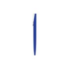 A blue ballpoint pen shown in a vertical position against a white background. The pen has a sleek design with a silver clip on the side.