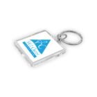 Square keychain with a metal ring. The keychain displays a logo featuring a blue pyramid shape with cursive text in blue and a tagline underneath.