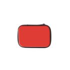 A small red rectangular zippered pouch with a black border and zipper, centered on a white background.