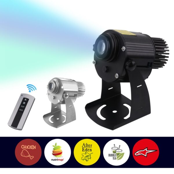 Two projection devices with black and silver hues on metal stands. A remote control with buttons labeled A and B is nearby. Below are colorful logos for various brands, including a chicken logo and a bubble tea logo. A light beam is emitted from one device.