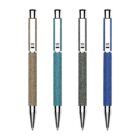Four retractable pens with textured grips in beige, teal, gray, and blue colors, arranged in a row against a white background.