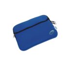 Blue zippered laptop sleeve with a small emblem on the lower right corner. The sleeve features a contrasting black zipper and two zipper pulls at the top.