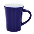 A blue ceramic mug with a slightly flared design and a white interior, shown against a plain backdrop. The handle is visible on the right side.