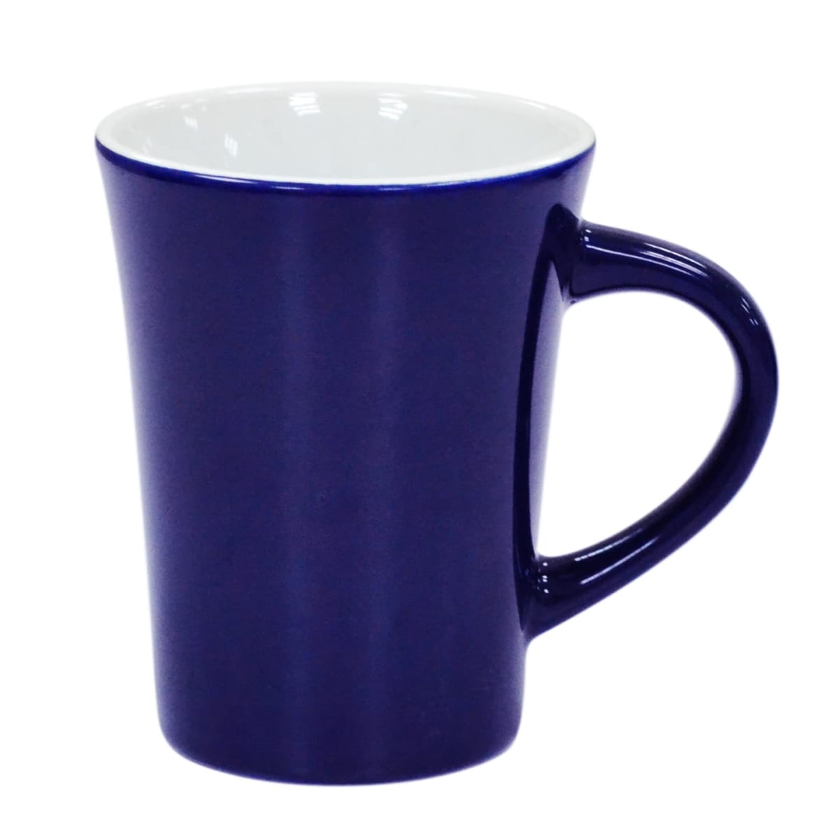A blue ceramic mug with a slightly flared design and a white interior, shown against a plain backdrop. The handle is visible on the right side.