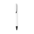 A white retractable ballpoint pen with a black tip and silver clip, positioned upright against a white background.