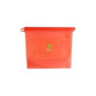 A reusable red silicone storage bag with a zipper top is isolated on a white background. The bag features a green logo that includes a leaf and the words eco nature in white text.