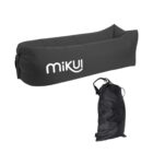 Inflatable black lounger with mikui branding, alongside a matching black carry bag.