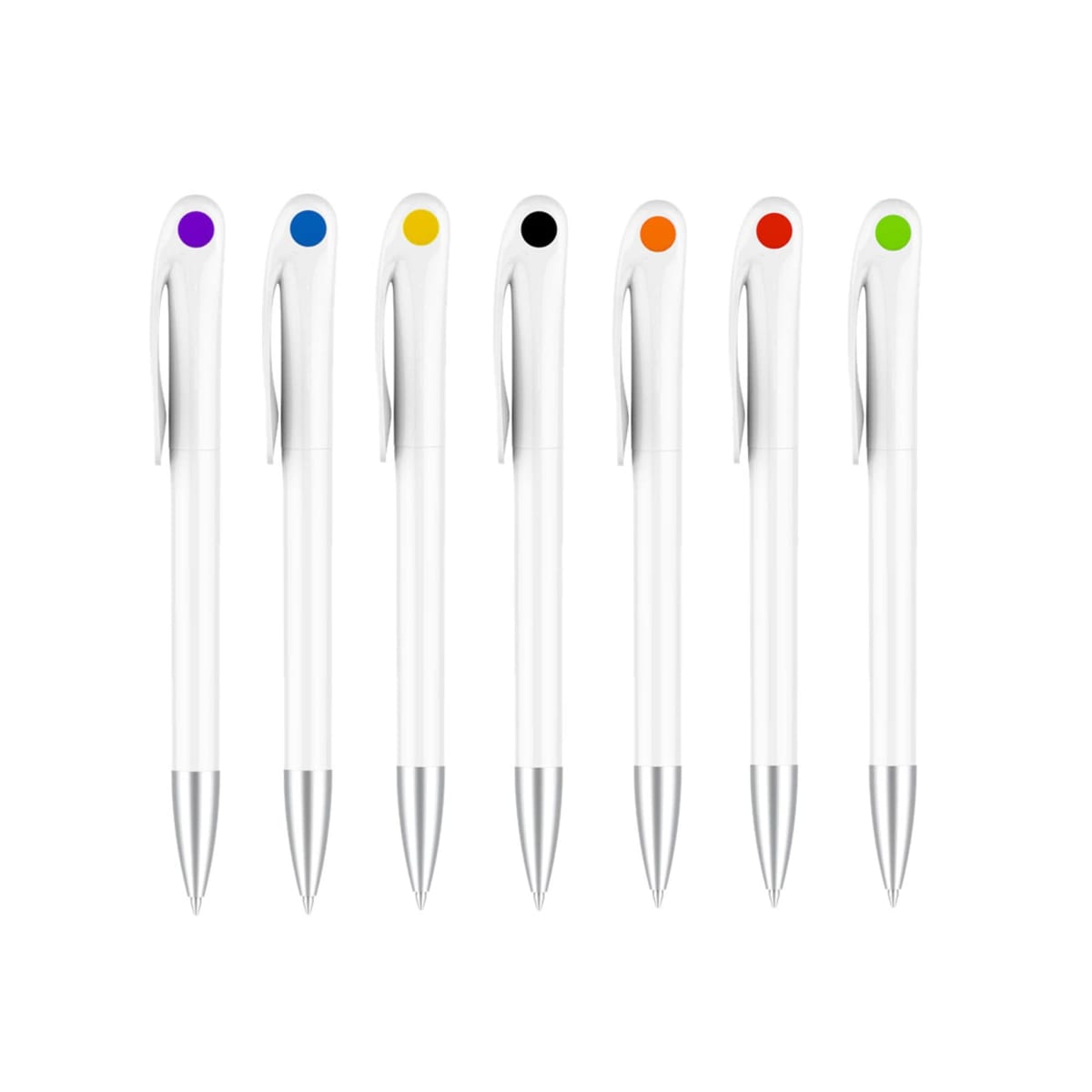 Seven white pens with silver tips are arranged in a row. Each pen has a different colored dot near the clip: purple, blue, black, orange, red, and green.