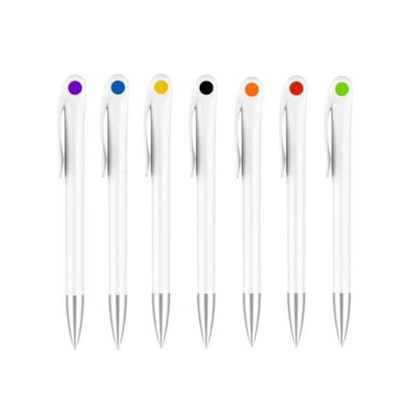 Seven white pens with silver tips, each topped with a distinct colored dot: purple, blue, black, orange, red, green, and yellow.