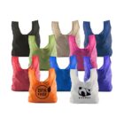 A collection of reusable tote bags in various colors, including black, beige, pink, green, blue, red, purple, orange, and white. The orange bag has BPA FREE text, and the white bag features a panda graphic.