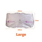 Silver windshield sun shade labeled Direct Decor with orange measurements: 120 cm width at top, 136 cm width at bottom, and 75 cm height. The word Large is written below in orange.