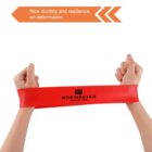 Close-up of hands stretching a red resistance band with Norwegian Cruise Line logo. Text above reads, Nice ductility and resilience, no deformation, with orange arrows pointing left.
