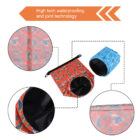 Three waterproof bags in blue and red, showing different angles and highlighting seams. Top text reads High tech waterproofing and joint technology.