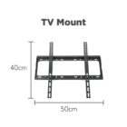 Image of a black TV mount with two vertical brackets and a rectangular frame. The dimensions are indicated: 50 cm wide and 40 cm high. The text TV Mount is displayed above the image.