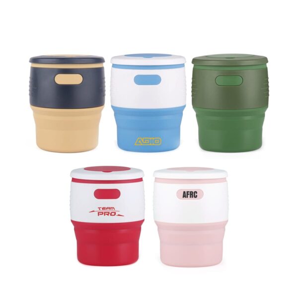 Five insulated travel mugs with lids, each in different color combinations: navy and beige, blue and white, green, red and white labeled Team PRO, and pink and white labeled AFRC. They are arranged in two rows.