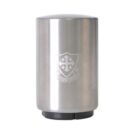 A metal coffee canister with a lid, featuring an engraved crest design on the front. The canister has a cylindrical shape and a smooth, reflective surface.