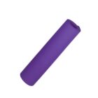 A purple rolled-up yoga mat isolated on a white background.