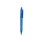 A blue translucent retractable ballpoint pen with a clip, positioned vertically against a white background.