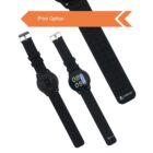Three black smartwatches with digital displays showing the time 08:05. One watch face is visible, while the others are shown from the strap side. An orange arrow labeled Print Option points towards the top.