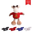 A plush giraffe toy wears a red shirt with a leaf logo and Blow leaves text. Below are five small shirts in black, red, white, and blue with various logos, labeled Optional Custom T Shirt with a red flag in the top right corner.