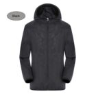 Black hooded jacket with a shiny, textured pattern. The jacket features a front zipper and long sleeves, displayed against a white background. A label above reads Black inside an oval.