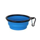 Collapsible blue silicone pet bowl with a black rim and a detachable carabiner clip on the side.