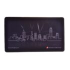 A rectangular black mat featuring a white outline of the Hong Kong skyline, including iconic skyscrapers. The mat has light beams illustrated above the buildings and logos in the corners for DiscoverHongKong.com and Hong Kong Tourism Board.
