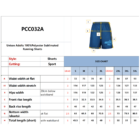 Image of a size chart for unisex adults 100% polyester sublimated running shorts. Details include sizes from S to 5XL, measurements for waist, hips, front rise, back rise, and total length. A blue shorts illustration is at the top right.