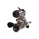 A plush zebra toy with black and white stripes sits against a plain white background. The zebra has a large round snout, floppy ears, and a round belly, with a small tag attached.