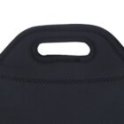 Close-up of a black neoprene lunch bag showing the handle. The handle has an oval-shaped opening for easy carrying, and the material features visible stitching along the edges. The background is plain white.
