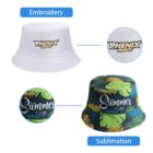 Two bucket hats: white with Phenix Reims embroidery, colorful with Summer Club sublimation.