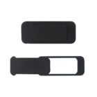 Two black webcam covers are shown. The top cover is closed, completely covering the camera. The bottom cover is open, revealing a rectangular space for the camera.