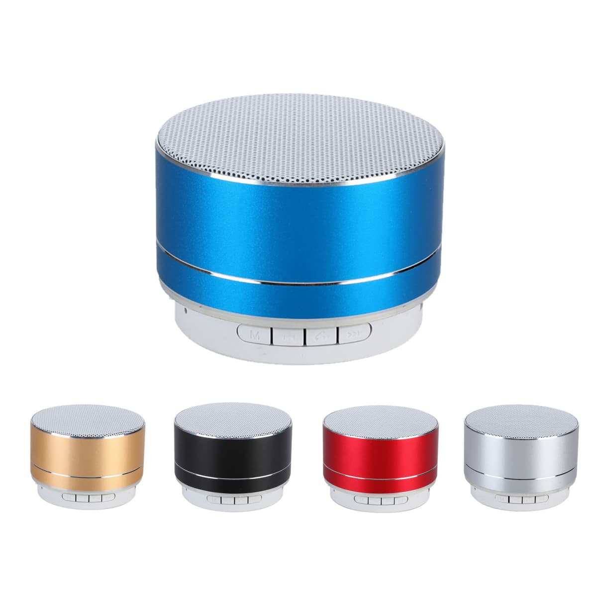 A collection of five wireless Bluetooth speakers in different colors: blue, gold, black, red, and silver. They are cylindrical with a metallic finish, featuring control buttons at the base.