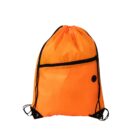 An orange drawstring backpack with black strings and a front zipper pocket.