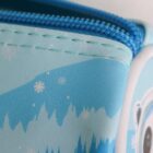 Close-up of a blue zippered pouch featuring a frosty design with snowflakes and pine trees. The zipper is blue and contrasts with the lighter blue background of the pouch.