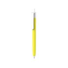 A sleek yellow pen with a white clip and clicker on top, isolated on a white background.