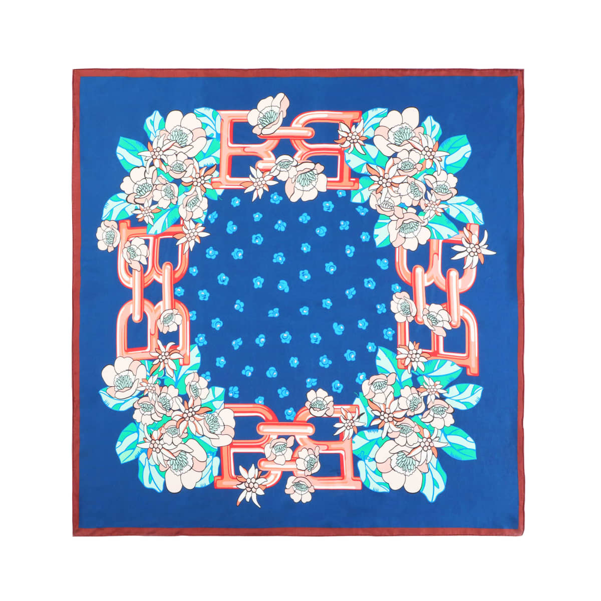 A square silk scarf with a vibrant blue background. It features intricate white and pink flowers along the edges, interwoven with red geometric patterns. The center is dotted with small blue floral motifs. The border is a solid red.