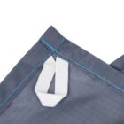 Close-up of a gray fabric bag corner with blue stitching and a white handle loop. The material has a textured, durable appearance.
