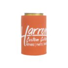 An orange can cooler with white text that reads Harrom Custom Guitars and Repairs | Parts | Builds. A can is partially visible inside the cooler.