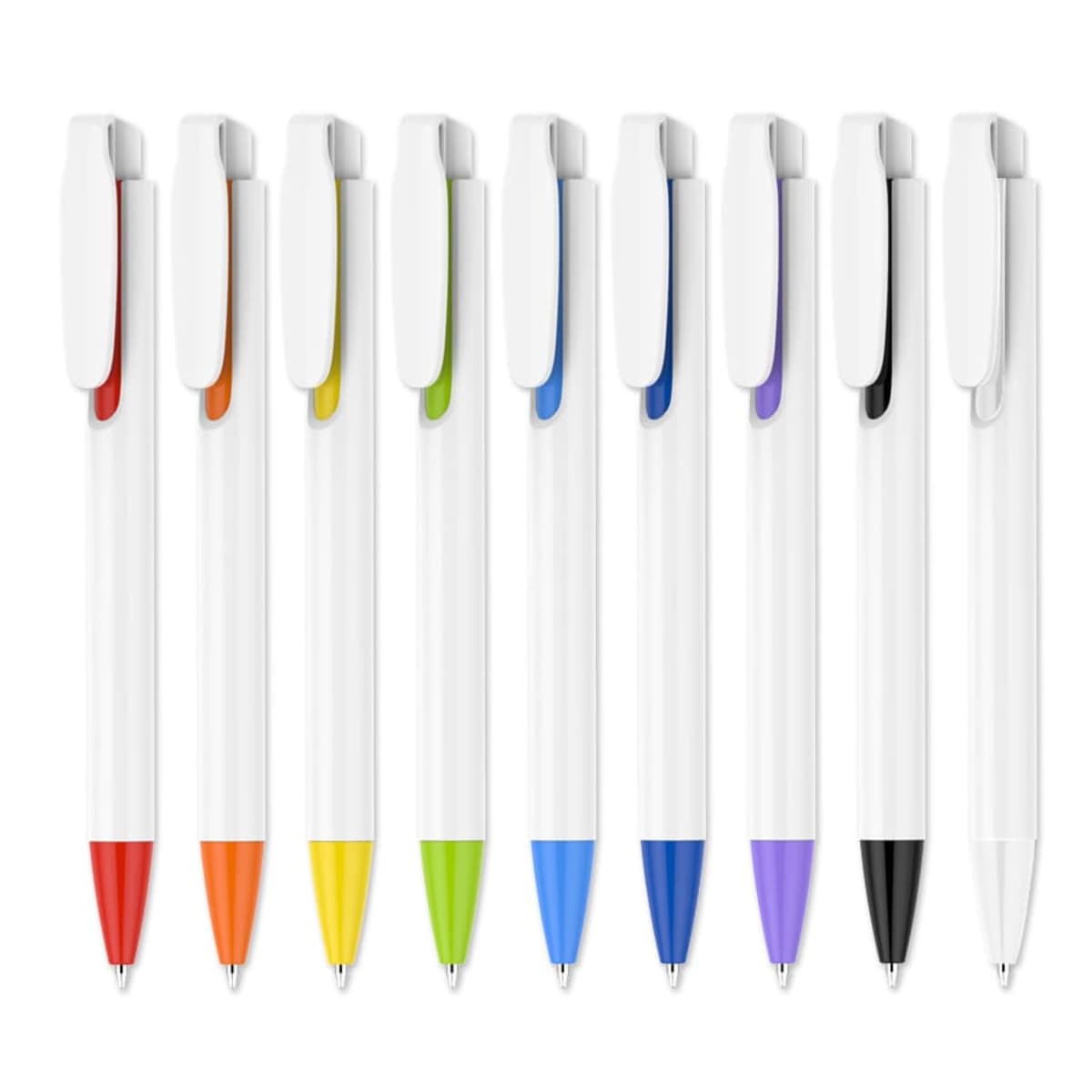 A set of nine white pens with colorful clips and tips in red, orange, yellow, green, light green, blue, light blue, purple, and black. The pens are arranged vertically in a row on a white background.