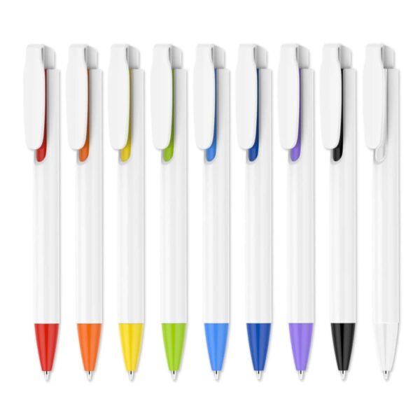 A row of nine white pens with colored accents at the clips and tips. The colors are orange, red, yellow, green, light blue, dark blue, purple, black, and white. The pens are arranged vertically against a plain white background.