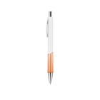 A sleek white and orange retractable ballpoint pen with silver accents. The pen has orange stripes near the grip and a clip on its side, set against a plain white background.