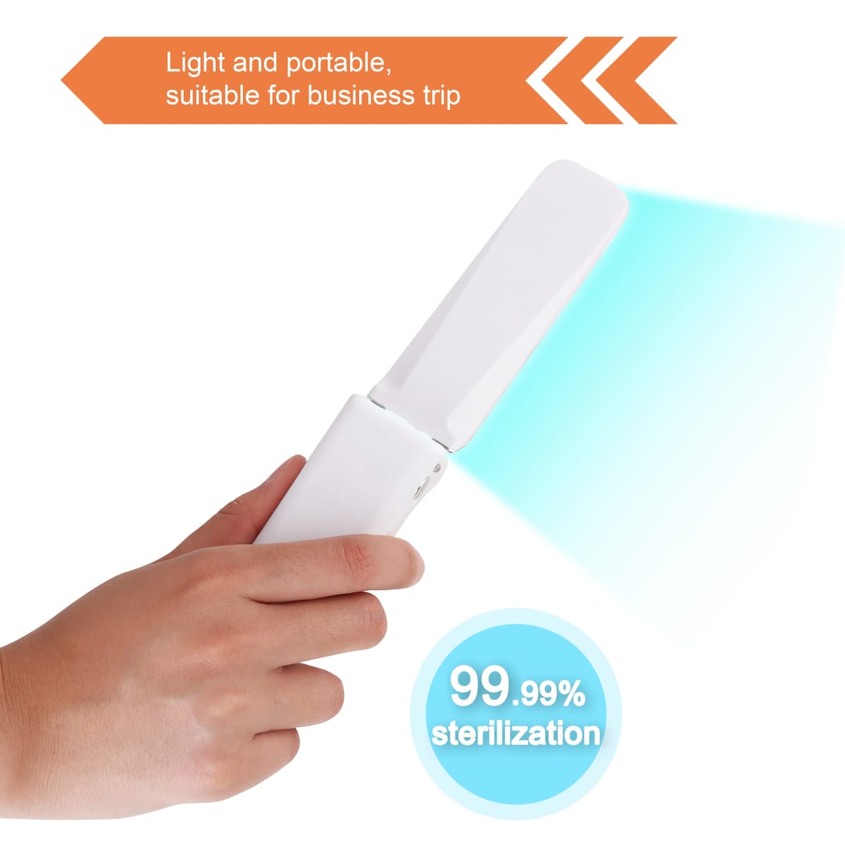 Hand holding a portable UV sterilizer with text 99.99% sterilization.