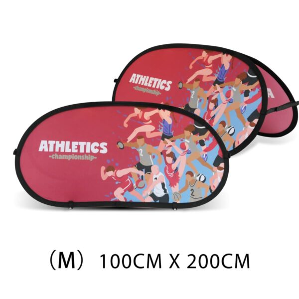 Two red athletic banners featuring dynamic illustrations of runners and the word ATHLETICS championship. The banners have a black border and are marked with dimensions (M) 100CM X 200CM.