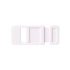 A white sliding door lock with a rectangular design, consisting of two interlocking parts.