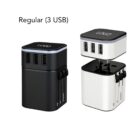 Dual-view image of a black and white travel adapter with three USB ports. The adapter is shown in both closed and open positions, revealing adjustable plug types on the sides. Regular (3 USB) text is displayed above.