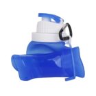 A blue collapsible water bottle with a white cap and a black carabiner clip.